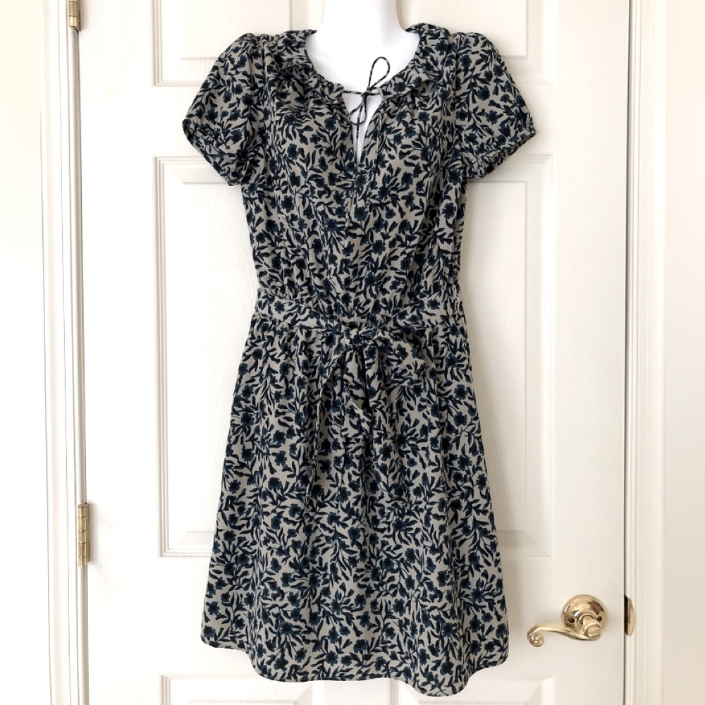 Loft Floral Vine Print Belted Dress Blue Black Taupe Size XS